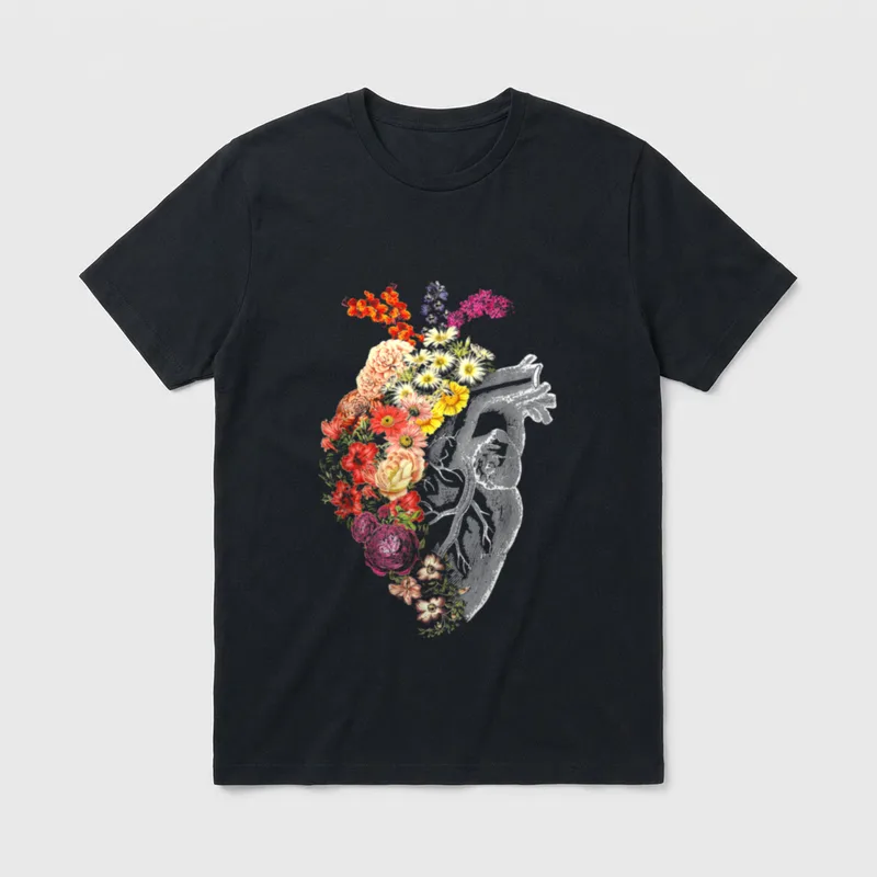 Anatomical Heart and Flowers Funny Nurse T-Shirt – Classic T-Shirt in Black