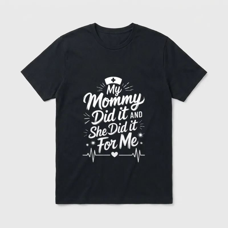 Nurse Mom My Mommy T-Shirt – My Mommy Did it AND She Did it For Me lettering and nurse cap – Classic T-Shirt in Black