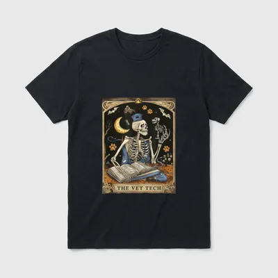 Vet Med Nurse Student Grad T-Shirt – Ornate tarot card banner reading “THE VET TECH” – Classic T-Shirt in Black