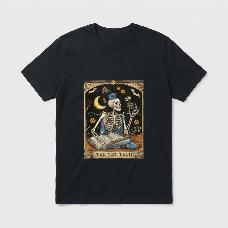 Vet Med Nurse Student Grad T-Shirt – Ornate tarot card banner reading “THE VET TECH” – Classic T-Shirt in Black