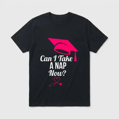 RN LVN New Nurse Grad Sarcastic T-Shirt – Can I Take A NAP Now? lettering with cap and stethoscope – Classic T-Shirt in Black