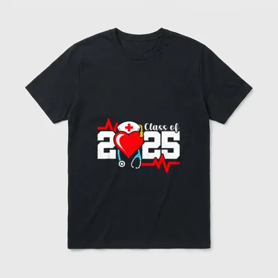 Nursing School Graduate T-Shirt – Class of 2025 lettering with heart and stethoscope – Classic T-Shirt in Black