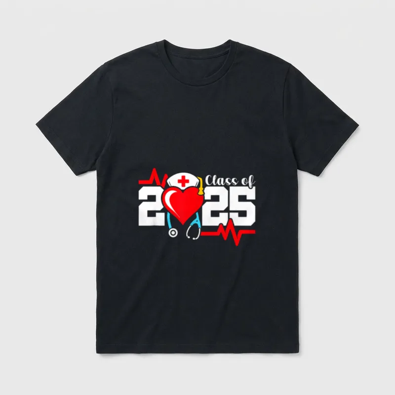 Nursing School Graduate T-Shirt – Class of 2025 lettering with heart and stethoscope – Classic T-Shirt in Black