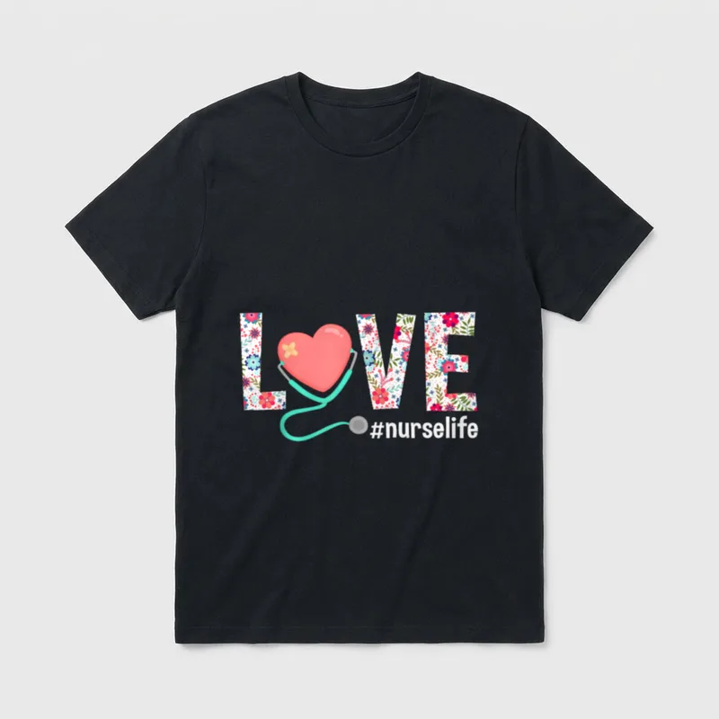 Best Nursing Shirt – Floral LOVE letters with stethoscope heart and #nurselife – Classic T-Shirt in Black