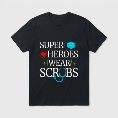 Super Nurse Shirt – SUPER HEROES WEAR SCRUBS lettering with mask and stethoscope – Classic T-Shirt in Black
