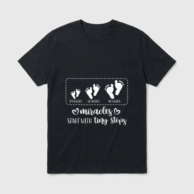 Tiny Steps Baby Feet Nurse T-Shirt – Baby footprints at 24, 32, and 40 weeks with miracles quote – Classic T-Shirt in Black