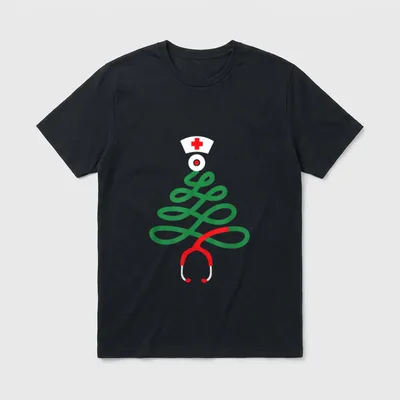 Nurse Christmas Tree Shirt – Stethoscope looped into a Christmas tree with a nurse cap tree topper – Classic T-Shirt in Black