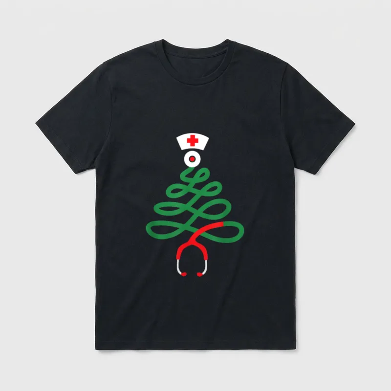 Nurse Christmas Tree Shirt – Stethoscope looped into a Christmas tree with a nurse cap tree topper – Classic T-Shirt in Black