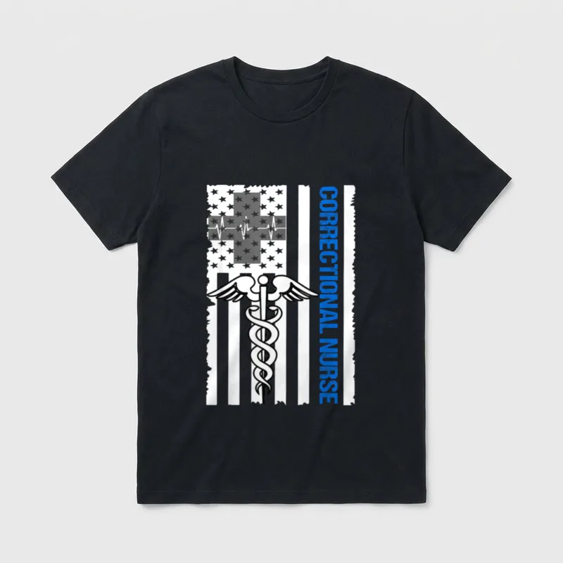 Correctional Nurse Shirt – Distressed American flag, caduceus, and CORRECTIONAL NURSE – Classic T-Shirt in Black