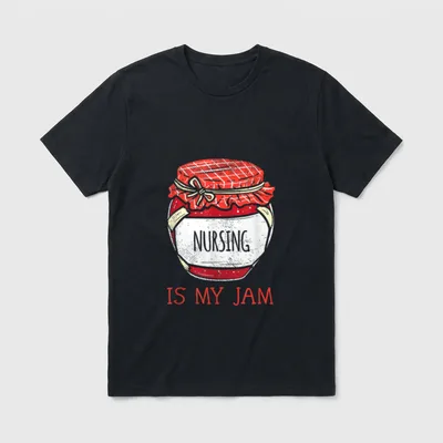 Funny Nurse Appreciation T-Shirt – Red jam jar illustration with printed words NURSING IS MY JAM – Classic T-Shirt in Black
