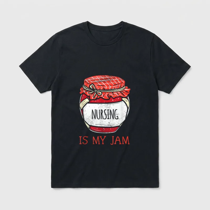 Funny Nurse Appreciation T-Shirt – Red jam jar illustration with printed words NURSING IS MY JAM – Classic T-Shirt in Black