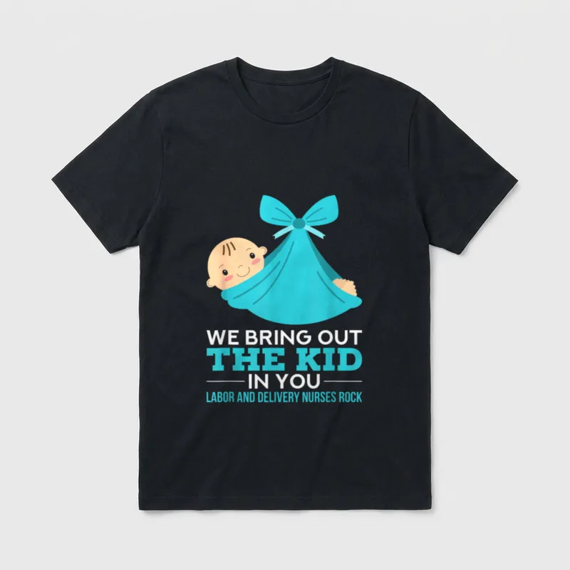 Out the Kid in You Nurse T-Shirt – Swaddled baby in a sling with labor and delivery nurse text – Classic T-Shirt in Black