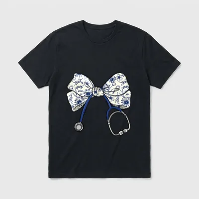 Floral Blue Coquette Bow Nurse Stethoscope T-Shirt – Classic T-Shirt in Black
