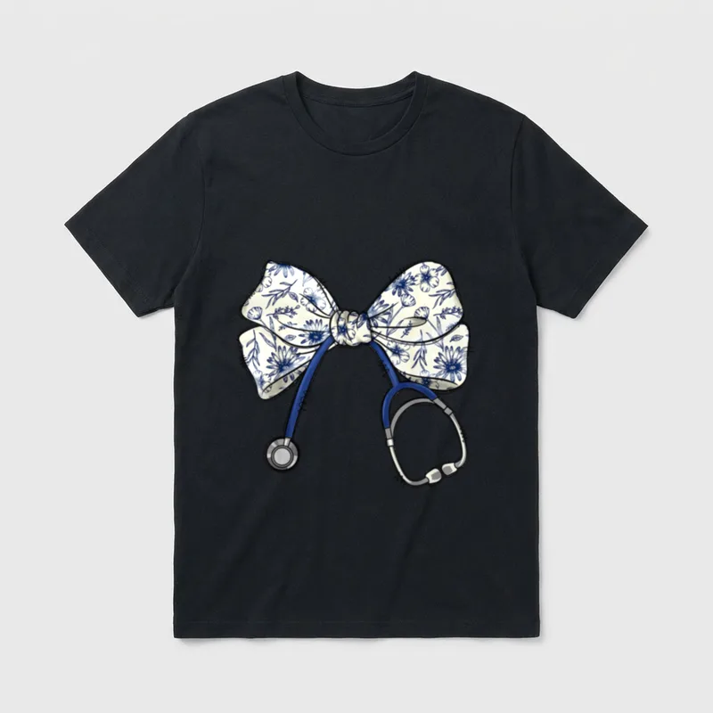 Floral Blue Coquette Bow Nurse Stethoscope T-Shirt – Classic T-Shirt in Black