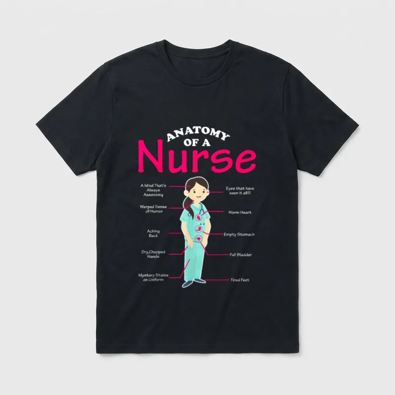 RN LVN Nurse Anatomy Scrub Cool T-Shirt – Anatomy of a Nurse diagram with humorous body labels – Classic T-Shirt in Black