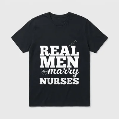 Real Marry Nurses T-Shirt – REAL MEN marry NURSES with syringe and heart pulse line – Classic T-Shirt in Black