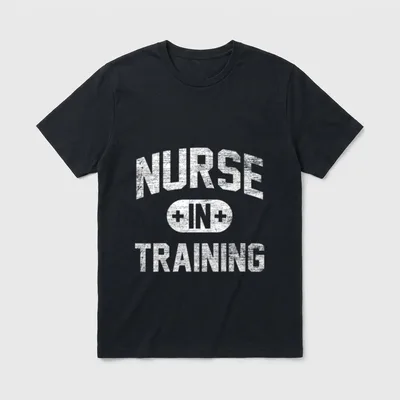 Nurse in Training T-Shirt – Distressed white text reading NURSE and TRAINING around an IN badge – Classic T-Shirt in Black
