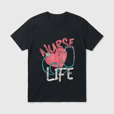 Nurse Great T-Shirt – Distressed NURSE LIFE print with heart and stethoscope – Classic T-Shirt in Black