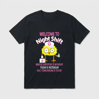 BSN LPN CNA Funny Nursing Chick T-Shirt – Tired yellow nursing bird with pink night shift text – Classic T-Shirt in Black