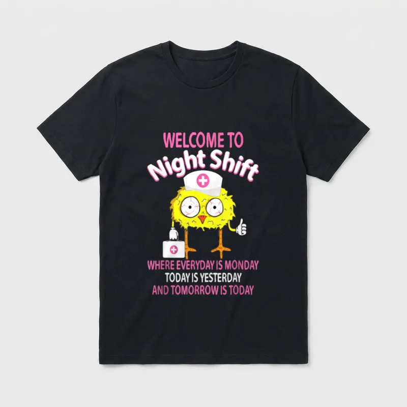 BSN LPN CNA Funny Nursing Chick T-Shirt – Tired yellow nursing bird with pink night shift text – Classic T-Shirt in Black