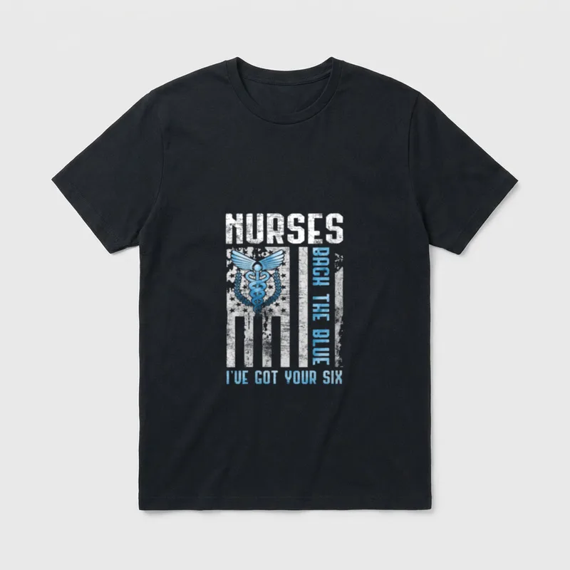 Nurses Back the Blue T-Shirt – Distressed American flag caduceus and Nurses Back the Blue print – Classic T-Shirt in Black