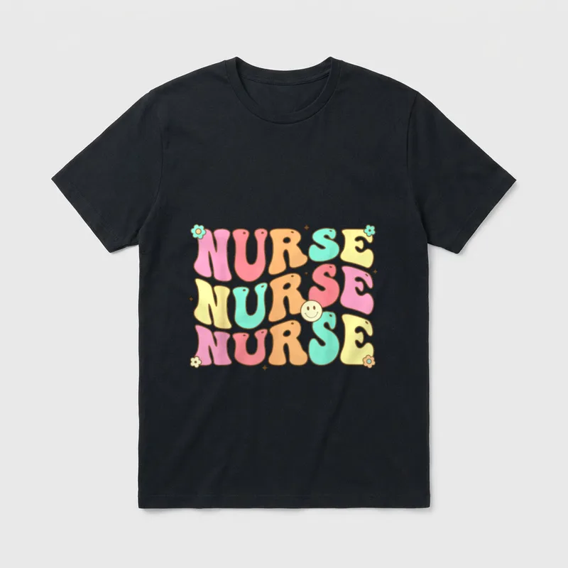 Groovy Nurse T-Shirt – The word NURSE stacked three times with smiley face and flowers – Classic T-Shirt in Black