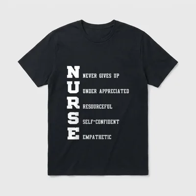 Nurse Never Gives Up T-Shirt – White collegiate acrostic print spelling NURSE and five core traits – Classic T-Shirt in Black