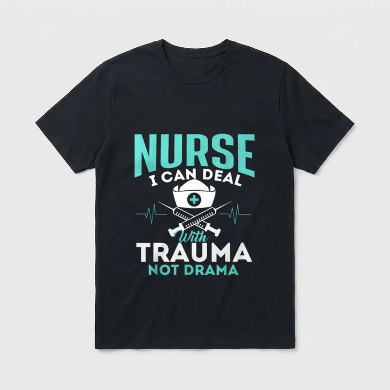Funny Nurse Nursing T-Shirt – Nurse cap, crossed syringes, pulse waves, and trauma not drama text – Classic T-Shirt in Black