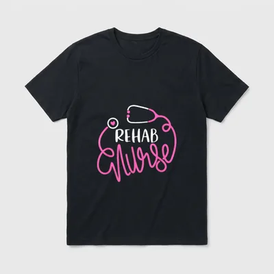 Rehab Nurse T-Shirt – REHAB Nurse lettering framed by a pink stethoscope – Classic T-Shirt in Black