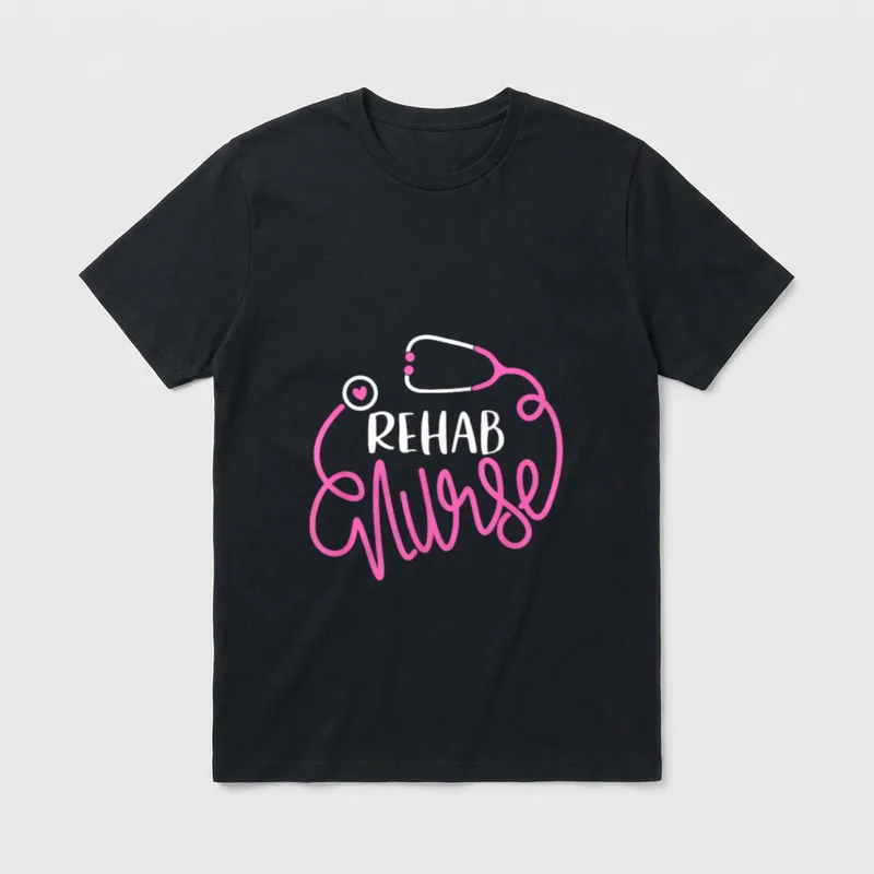 Rehab Nurse T-Shirt – REHAB Nurse lettering framed by a pink stethoscope – Classic T-Shirt in Black