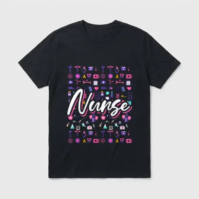 Nurse Black Modern T-Shirt – White script Nurse text centered over colorful medical care icons – Classic T-Shirt in Black