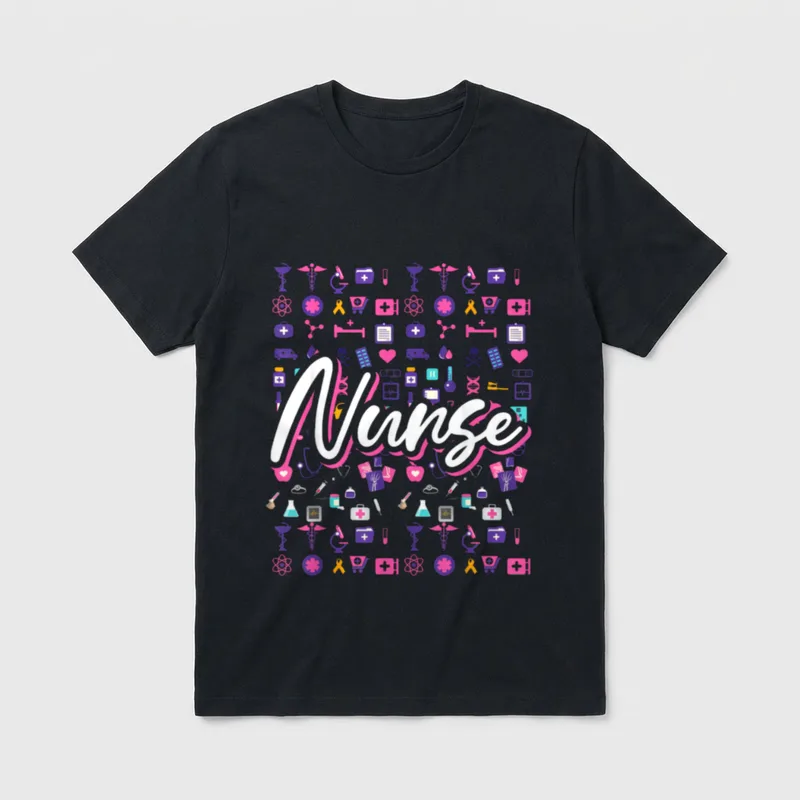 Nurse Black Modern T-Shirt – White script Nurse text centered over colorful medical care icons – Classic T-Shirt in Black