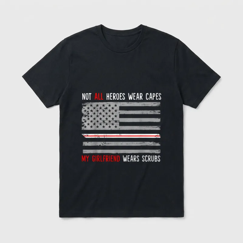 My Girlfriend Wears Scrubs Nurse T-Shirt – American flag graphic with red stripe and scrubs quote – Classic T-Shirt in Black