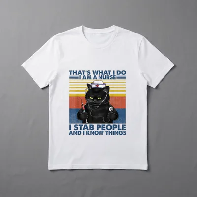 What I Do Am a Nurse T-Shirt – Grumpy black cat nurse holding a syringe and stethoscope – Classic T-Shirt in Black