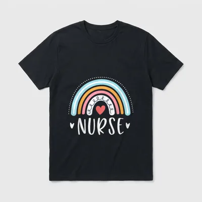 Nurse Rainbow T-Shirt – Word “NURSE” beneath a colorful rainbow and heart graphics – Classic T-Shirt in Black