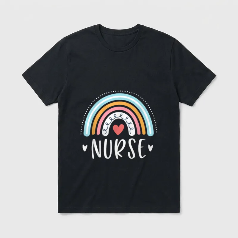 Nurse Rainbow T-Shirt – Word “NURSE” beneath a colorful rainbow and heart graphics – Classic T-Shirt in Black