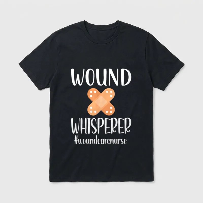 Wound Care Nurse RN Nursing T-Shirt – Crossed adhesive bandages with Wound Whisperer lettering – Classic T-Shirt in Black