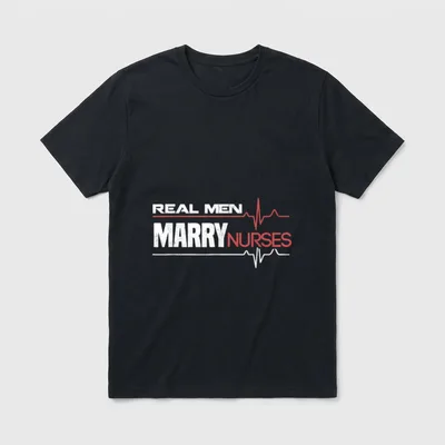 Real Marry Nurses Day T-Shirt – REAL MEN MARRY NURSES with red and white heartbeat lines – Classic T-Shirt in Black