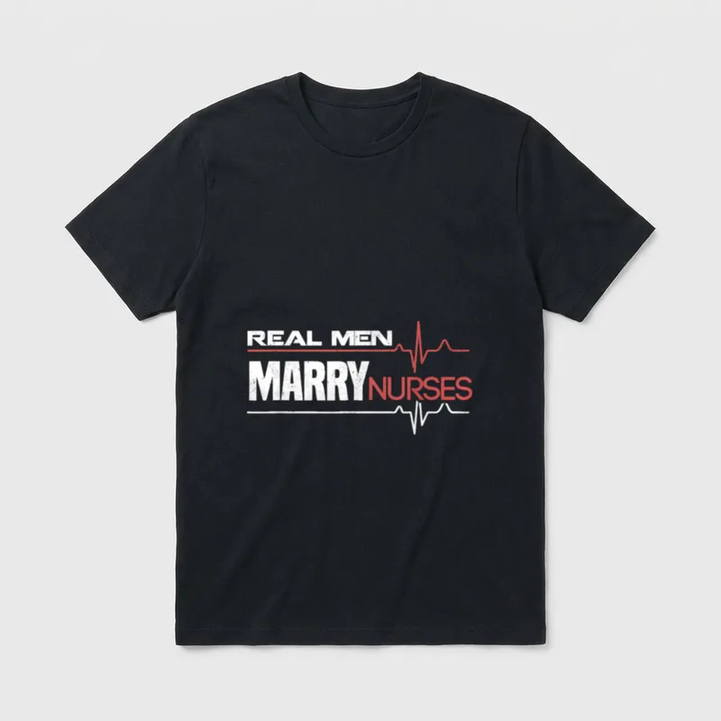 Real Marry Nurses Day T-Shirt – REAL MEN MARRY NURSES with red and white heartbeat lines – Classic T-Shirt in Black