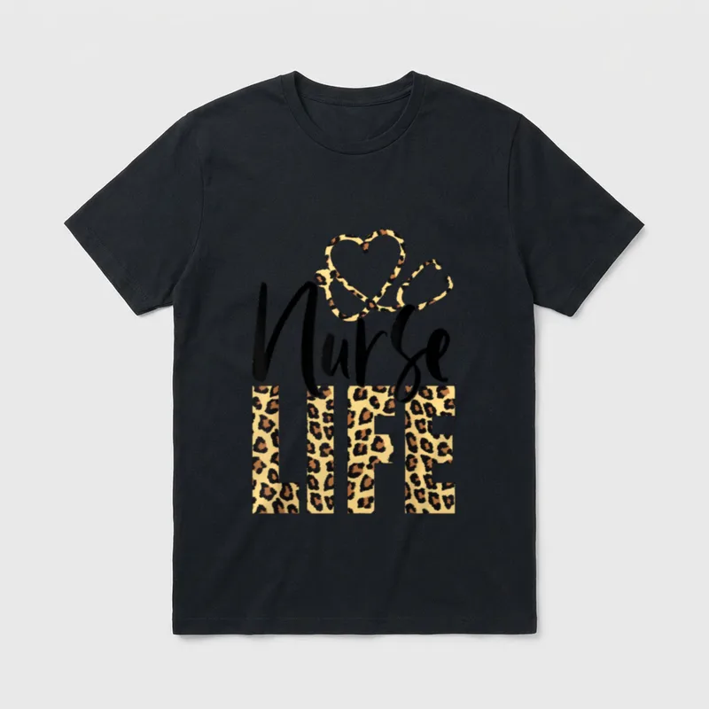 Leopard Nurse Life for Nursing School T-Shirt – Nurse LIFE with leopard print heart stethoscope – Classic T-Shirt in Black