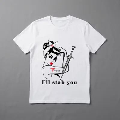 I'll Stab You Nurse Skull T-Shirt – Nurse holding vintage syringe with text reading I'll stab you – Classic T-Shirt in Black