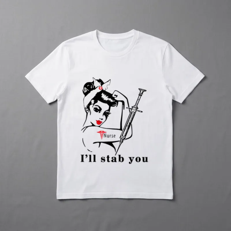 I'll Stab You Nurse Skull T-Shirt – Nurse holding vintage syringe with text reading I'll stab you – Classic T-Shirt in Black