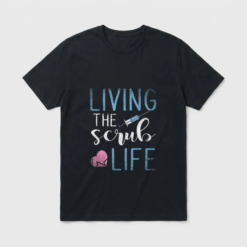 Syringe Medicine Nurse T-Shirt – Living the scrub life lettering with syringe and heart graphics – Classic T-Shirt in Black
