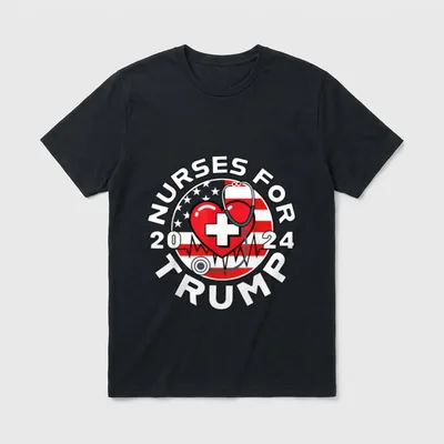 Nurses for Trump 2024 T-Shirt – Red heart with cross, stethoscope, flag circle, and heartbeat line – Classic T-Shirt in Black
