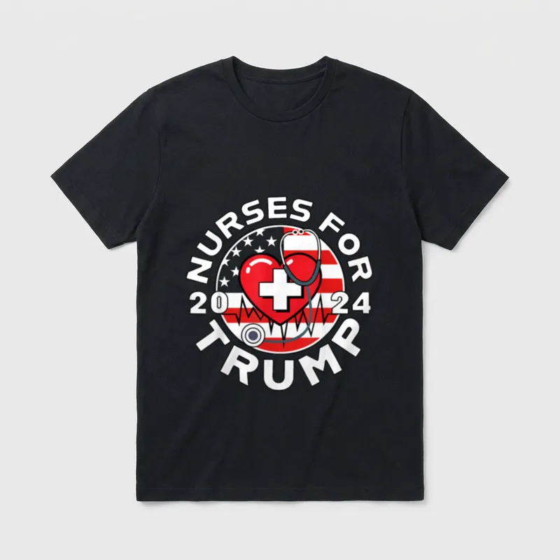 Nurses for Trump 2024 T-Shirt – Red heart with cross, stethoscope, flag circle, and heartbeat line – Classic T-Shirt in Black