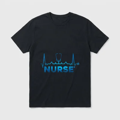 Heartbeat Nurse T-Shirt – Stethoscope on a heartbeat pulse line above the word NURSE in blue – Classic T-Shirt in Black