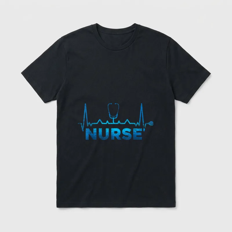 Heartbeat Nurse T-Shirt – Stethoscope on a heartbeat pulse line above the word NURSE in blue – Classic T-Shirt in Black