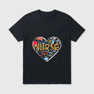 Nurse Heart T-Shirt – Heart collage of medical items and the word NURSE – Classic T-Shirt in Black