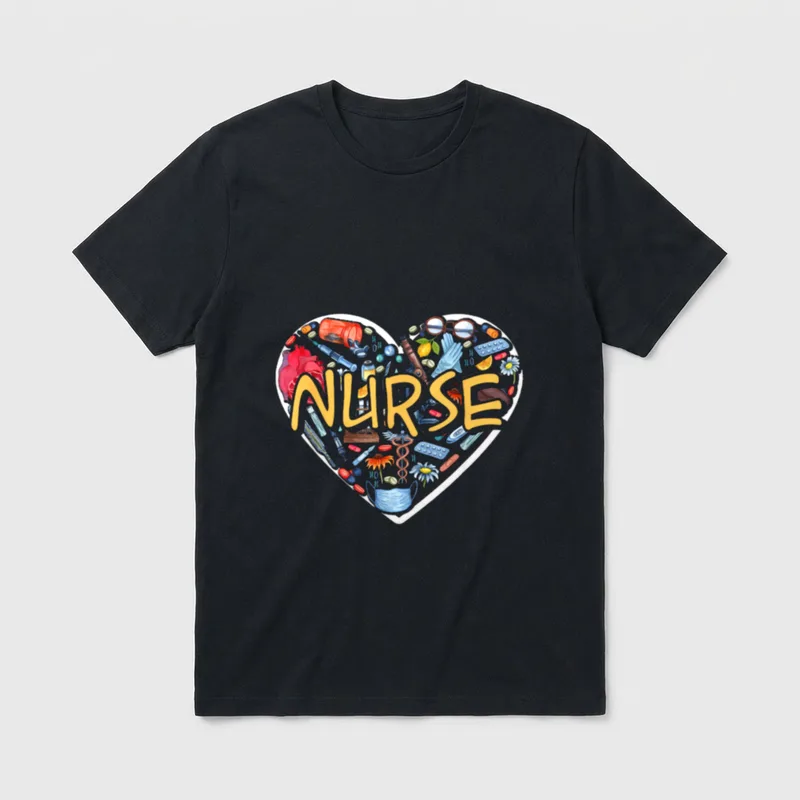 Nurse Heart T-Shirt – Heart collage of medical items and the word NURSE – Classic T-Shirt in Black