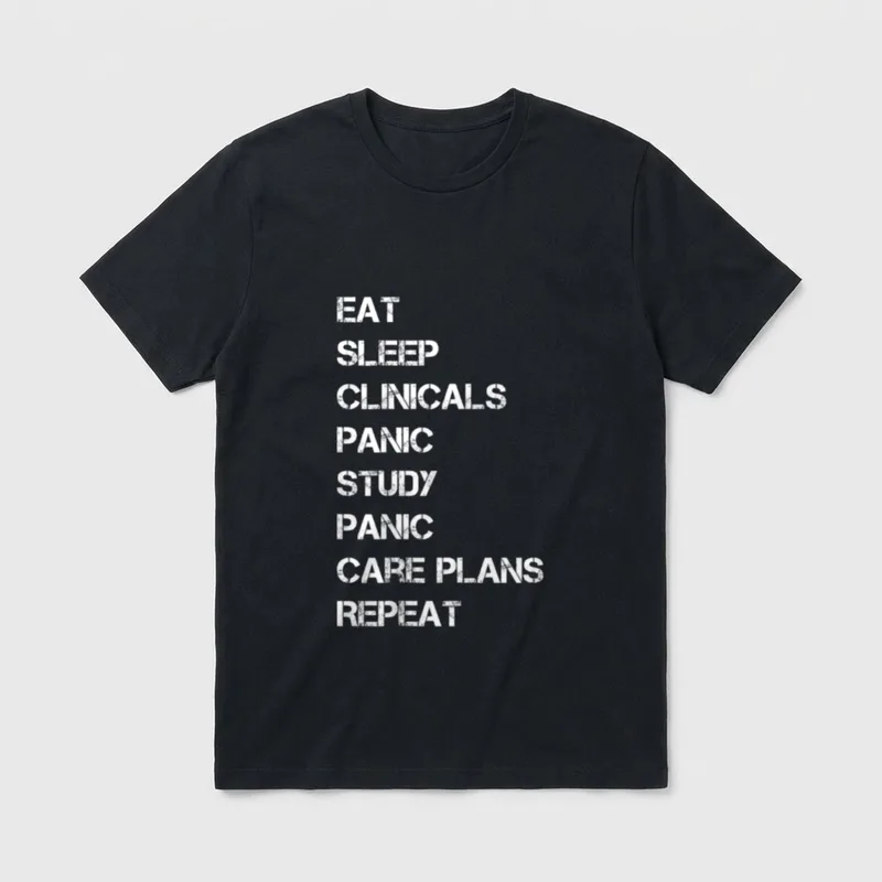 Nursing Student Funny Nurse T-Shirt – Eat Sleep Clinicals Panic Study Panic Care Plans Repeat – Classic T-Shirt in Black